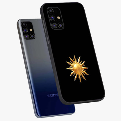 Golden Sun Minimalism Glass Case displayed in angled mockup highlighting eerie shadow illustration with gothic aesthetic.