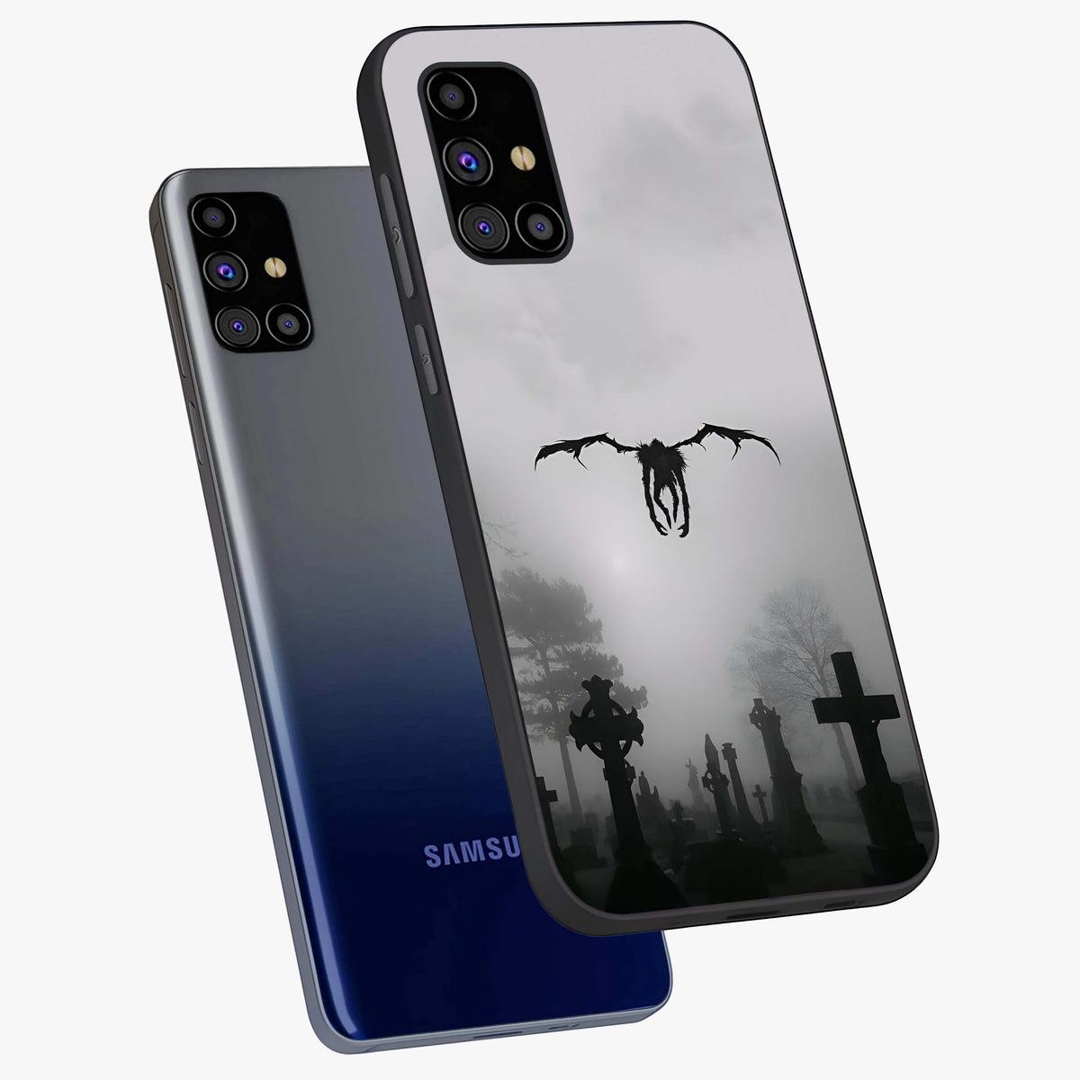 Graveyard Shadow Descent Glass Case displayed in angled mockup highlighting eerie shadow illustration with gothic aesthetic.