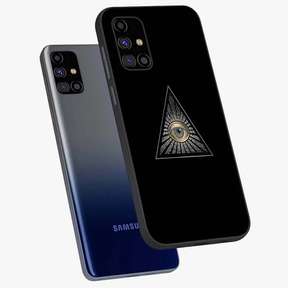 Illuminati Evil Glass Case displayed in angled mockup highlighting dark occult inspired design with bold aesthetic style.