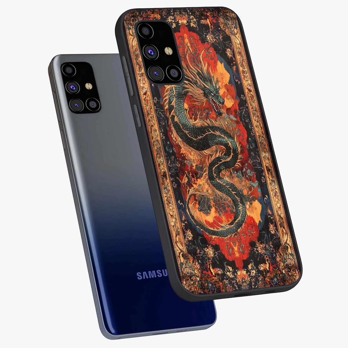 Inferno Dragon Soul Glass Case displayed in angled mockup highlighting powerful dragon illustration with inferno aesthetic.