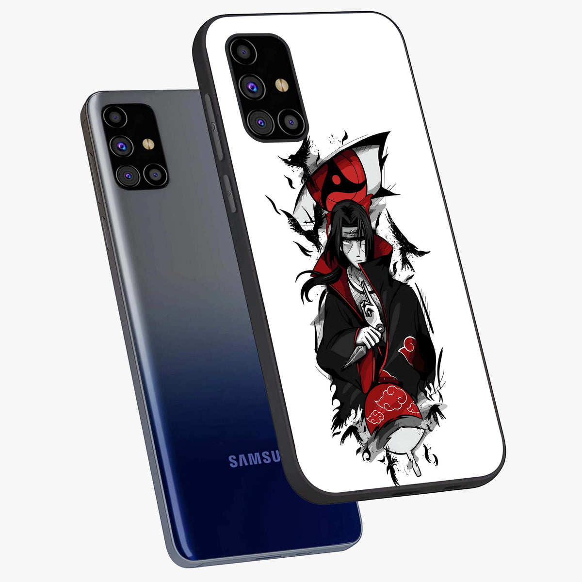 Itachi Limited Edition Naruto Anime Glass Case displayed in angled mockup highlighting dramatic anime illustration with bold action aesthetic.