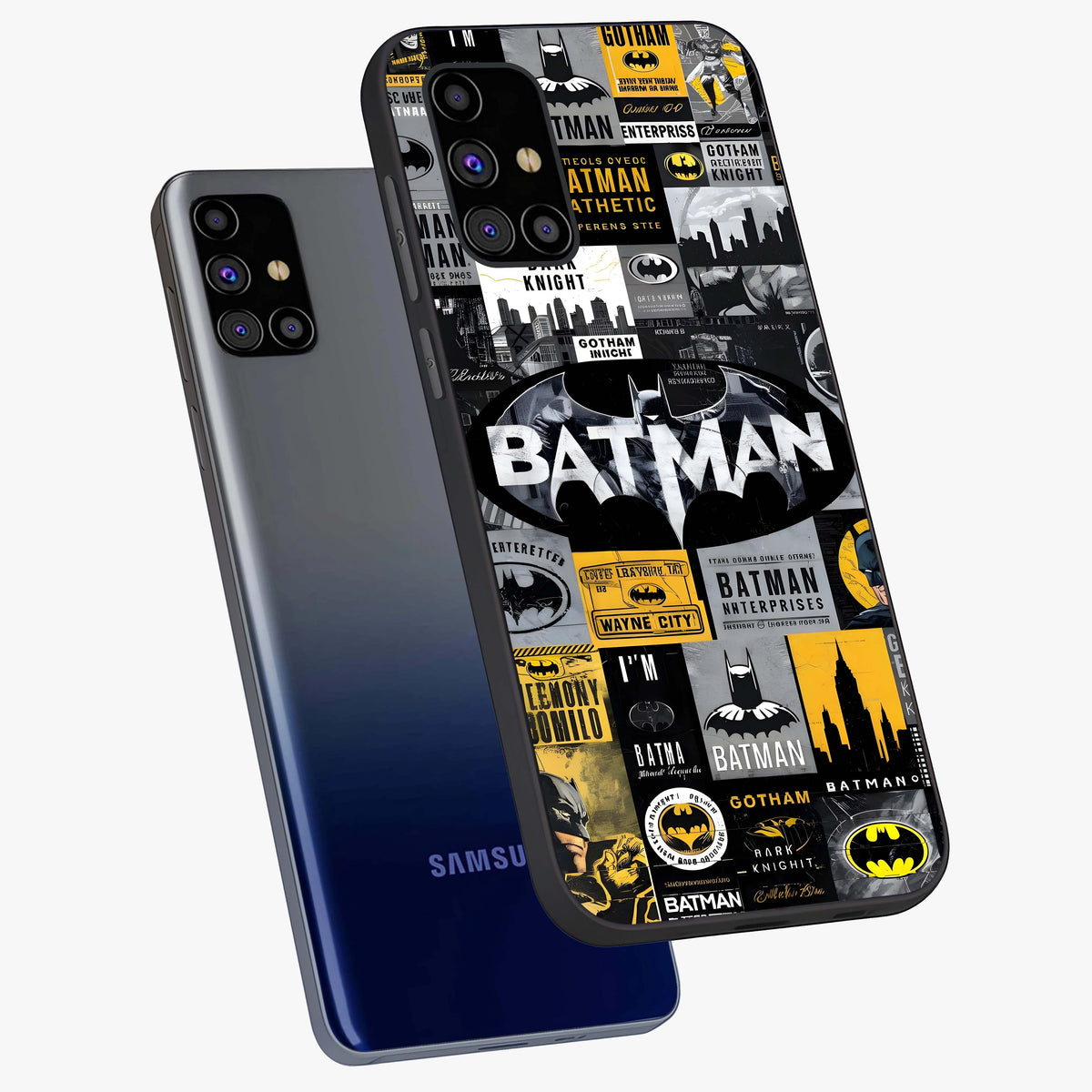 Knight Gotham Rise Glass Case displayed in angled mockup highlighting powerful knight silhouette design with dramatic aesthetic.