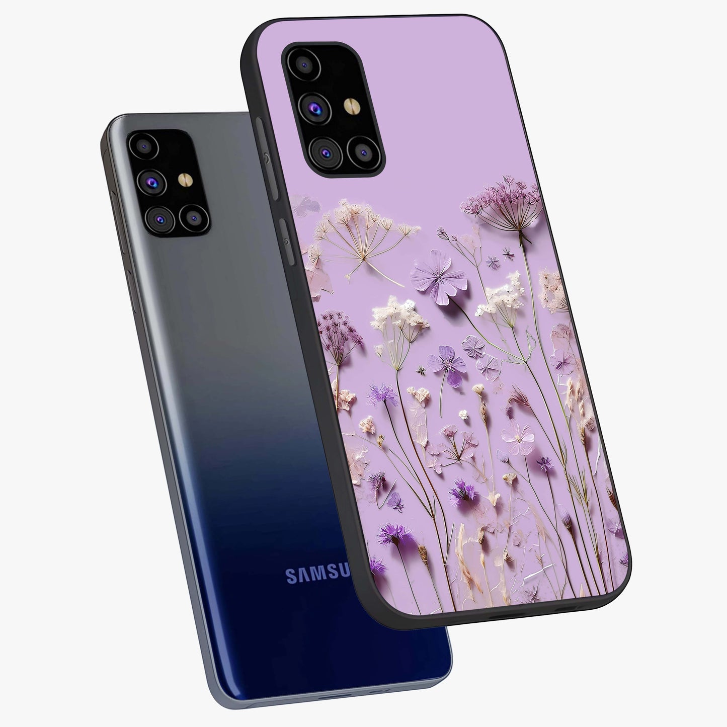 Lavender Blossom Dream Glass Case displayed in angled mockup highlighting dreamy lavender flower design with calming aesthetic style.