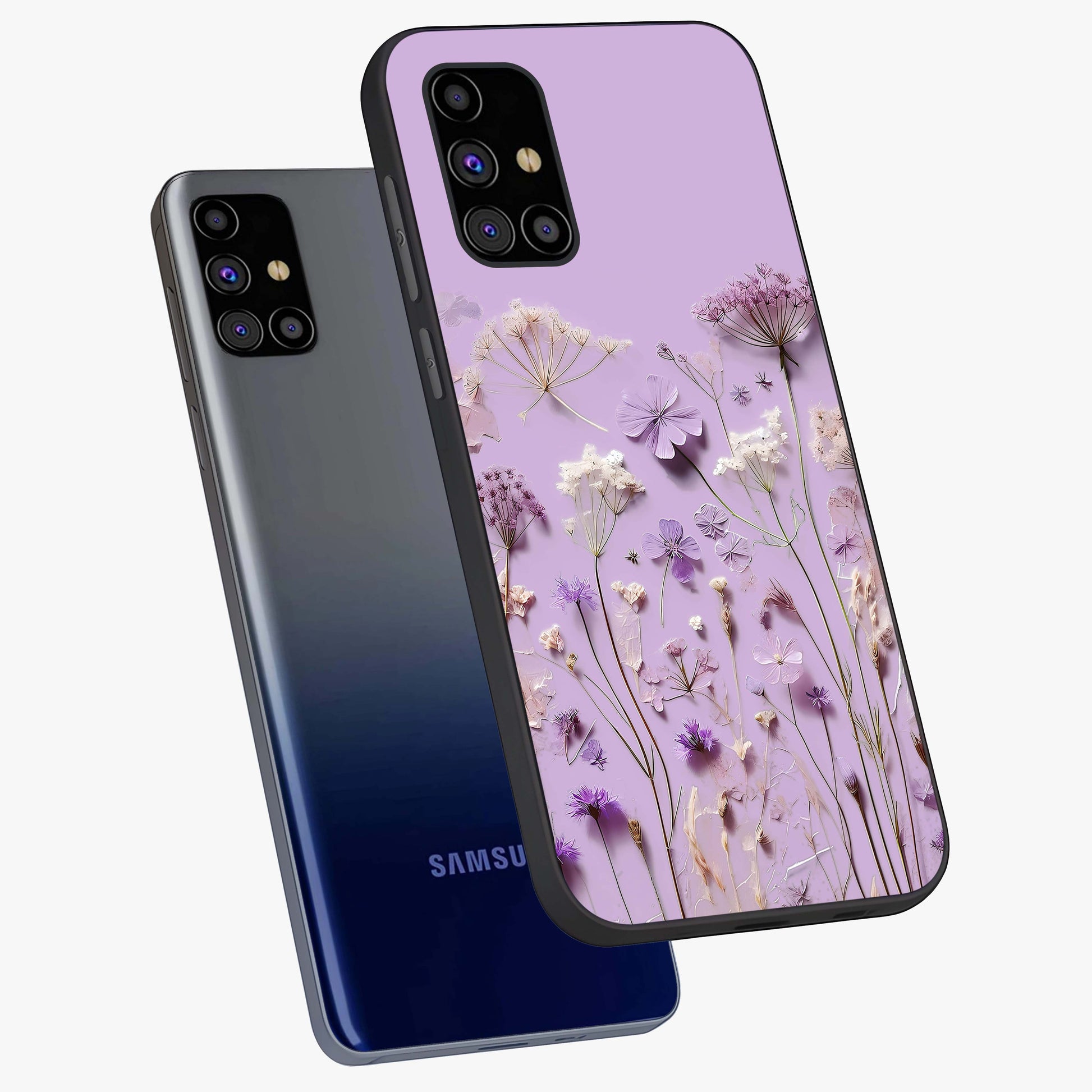 Lavender Blossom Dream Glass Case displayed in angled mockup highlighting dreamy lavender flower design with calming aesthetic style.