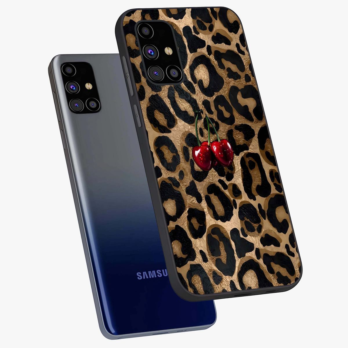 Leopard Wild Cherry Glass Case displayed in angled mockup highlighting bold animal print design with playful cherry aesthetic.