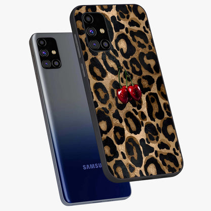 Leopard Wild Cherry Glass Case displayed in angled mockup highlighting bold animal print design with playful cherry aesthetic.