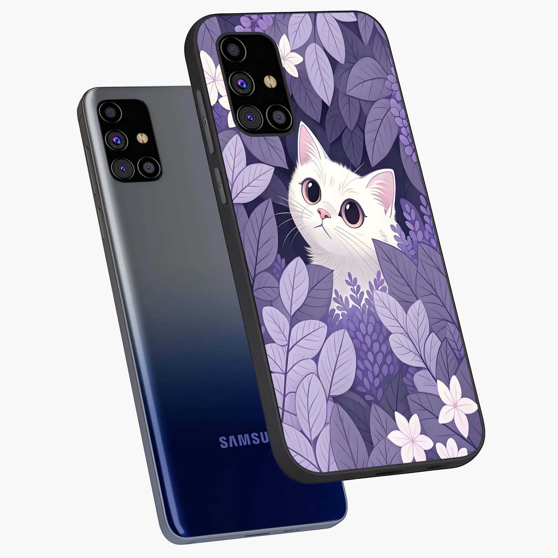 Lilac Hide Peek Cat Glass Case displayed in angled mockup highlighting playful feline illustration with lilac aesthetic design.