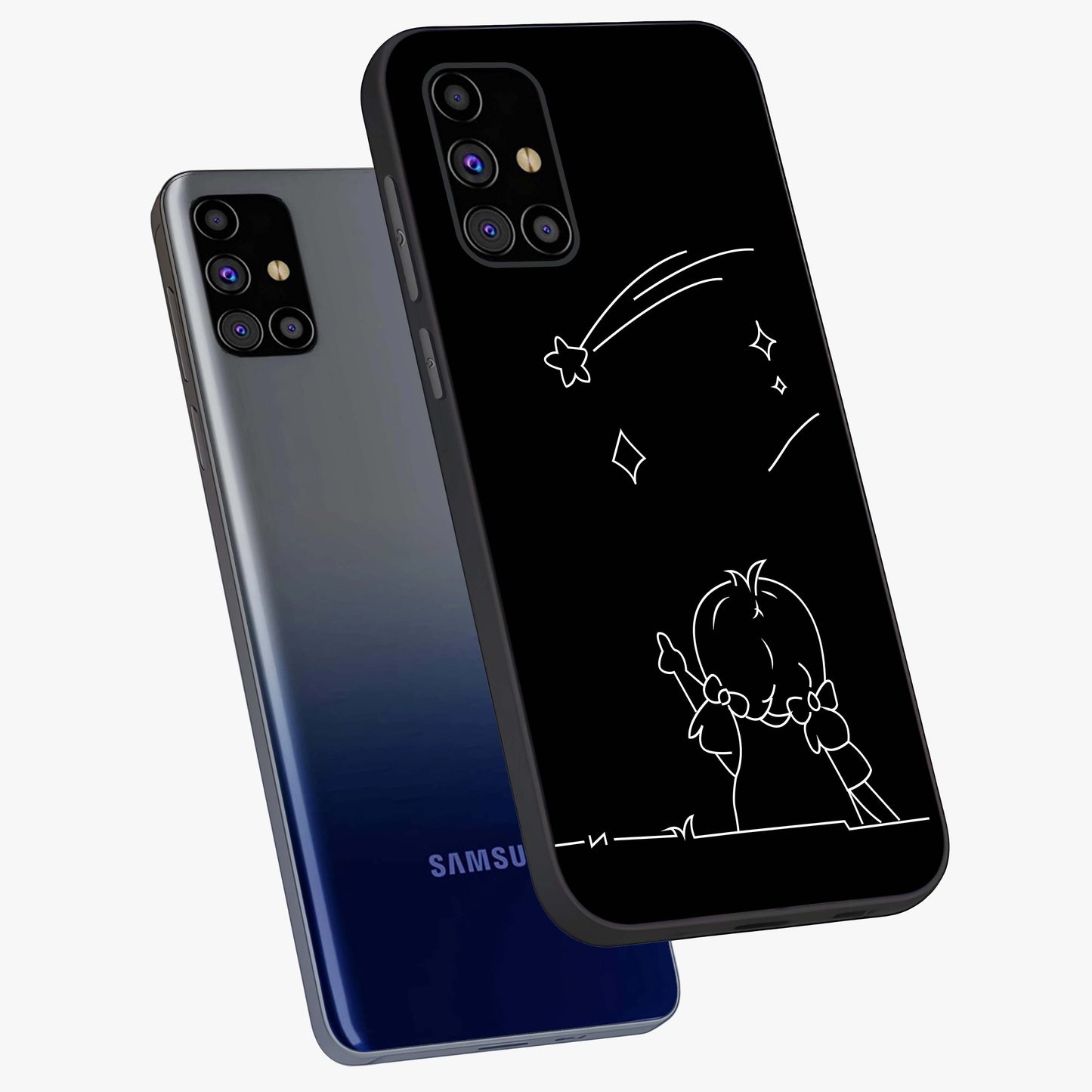 Line Art Girl With Shooting Stars Glass Case displayed in angled mockup highlighting elegant line art design with dreamy star aesthetic.