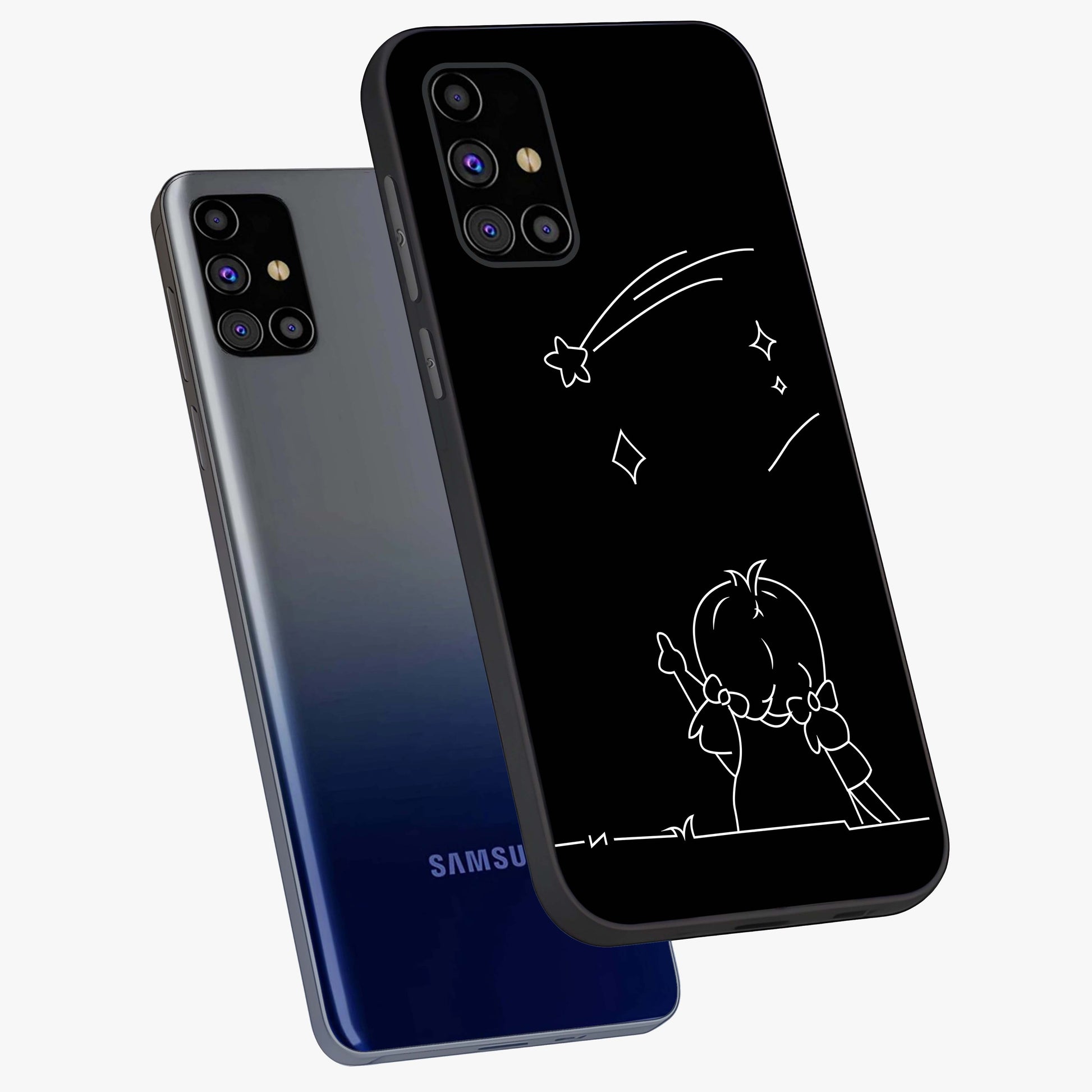 Line Art Girl With Shooting Stars Glass Case displayed in angled mockup highlighting elegant line art design with dreamy star aesthetic.