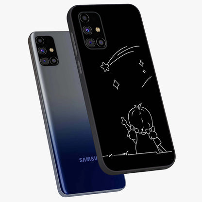 Line Art Girl With Shooting Stars Glass Case displayed in angled mockup highlighting elegant line art design with dreamy star aesthetic.