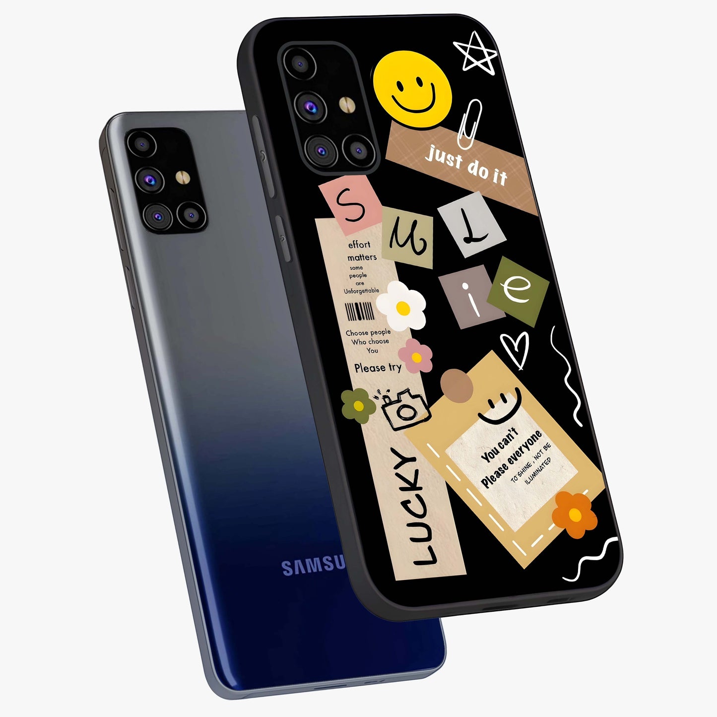 Lucky Aesthetic Collage Glass Case displayed in angled mockup highlighting stylish collage pattern with modern aesthetic vibe.