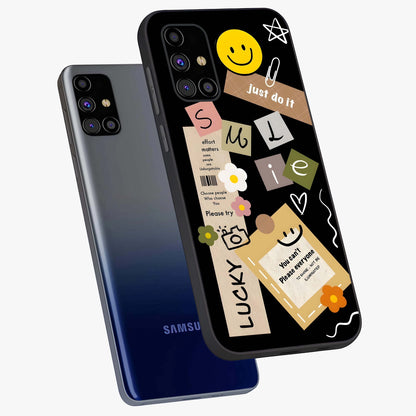 Lucky Aesthetic Collage Glass Case displayed in angled mockup highlighting stylish collage pattern with modern aesthetic vibe.
