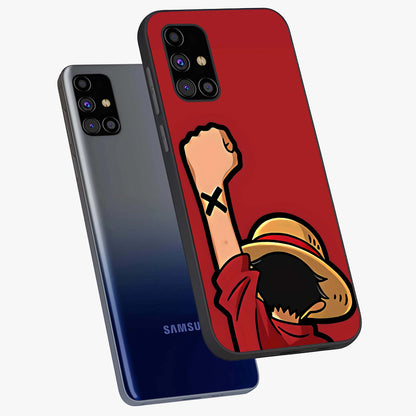 Luffy X Spirit Glass Case displayed in angled mockup highlighting powerful anime design with energetic action aesthetic.