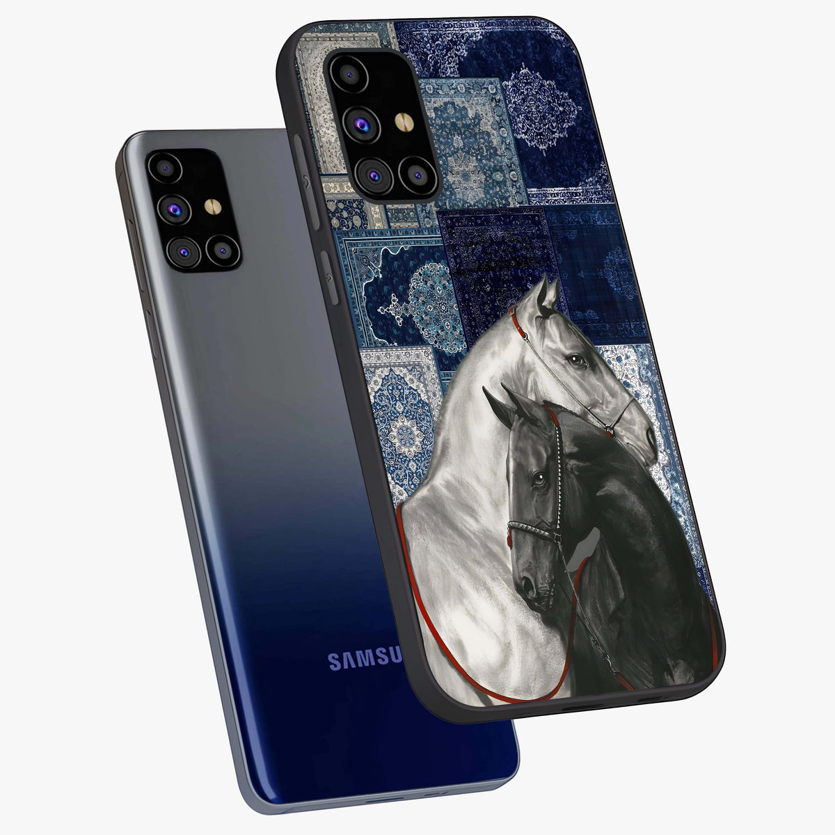 Midnight Stallion Blues Glass Case displayed in angled mockup highlighting powerful stallion illustration with deep midnight tones.