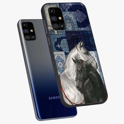 Midnight Stallion Blues Glass Case displayed in angled mockup highlighting powerful stallion illustration with deep midnight tones.