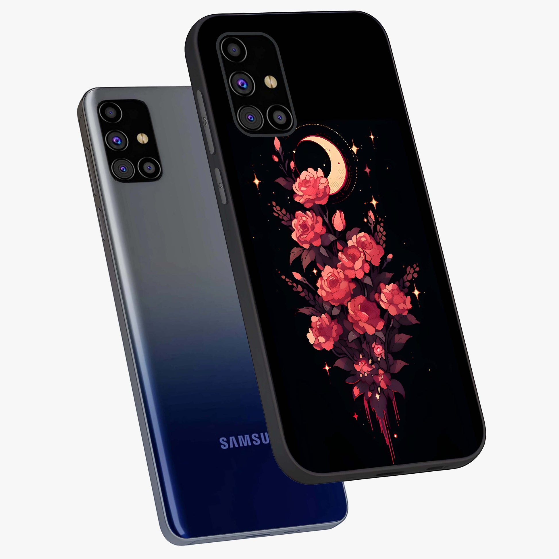 Moonlit Floral Elegance Glass Case displayed in angled mockup highlighting graceful flower design with soft moonlight aesthetic.