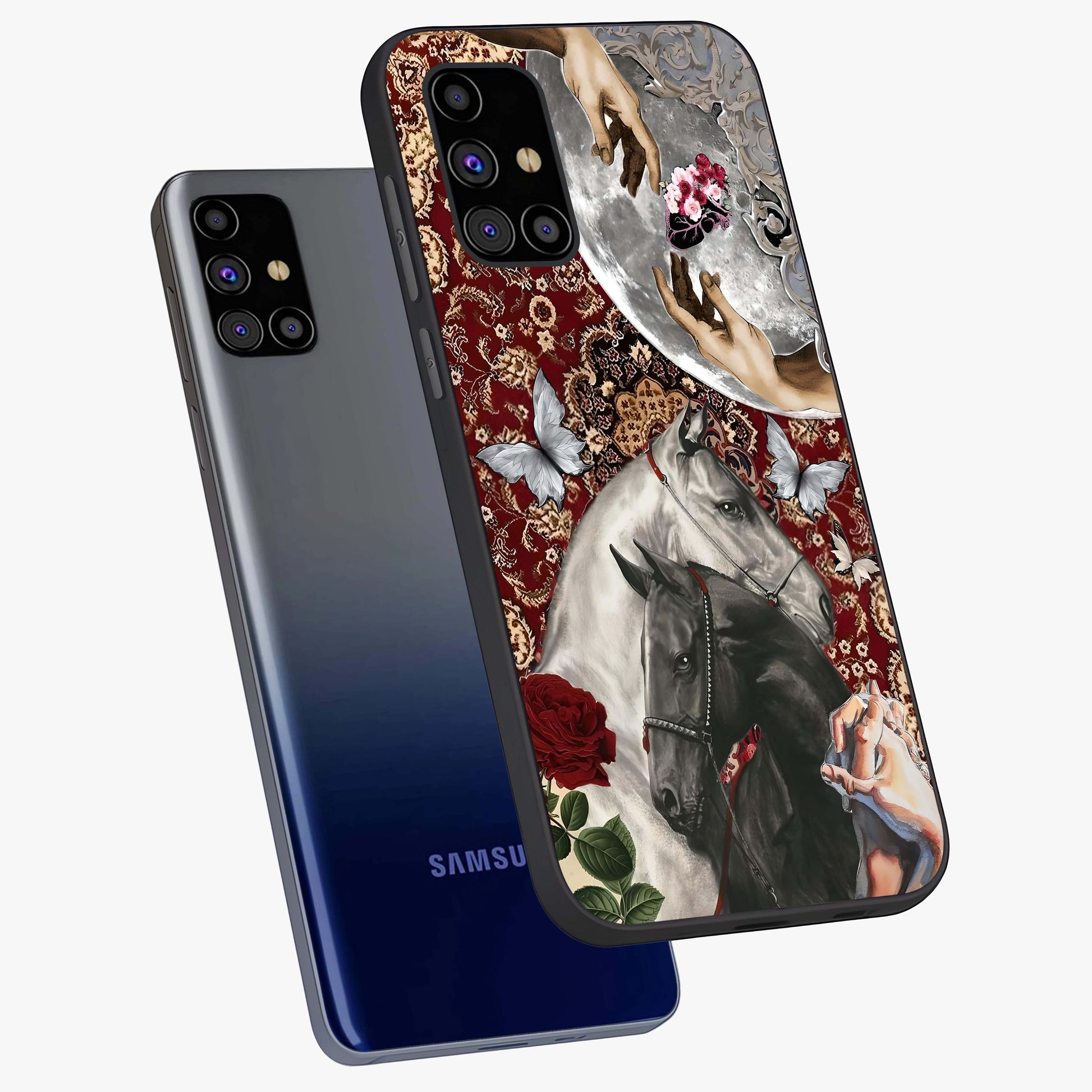 Moonlit Royal Stallion Glass Case displayed in angled mockup highlighting powerful stallion illustration with royal night aesthetic.