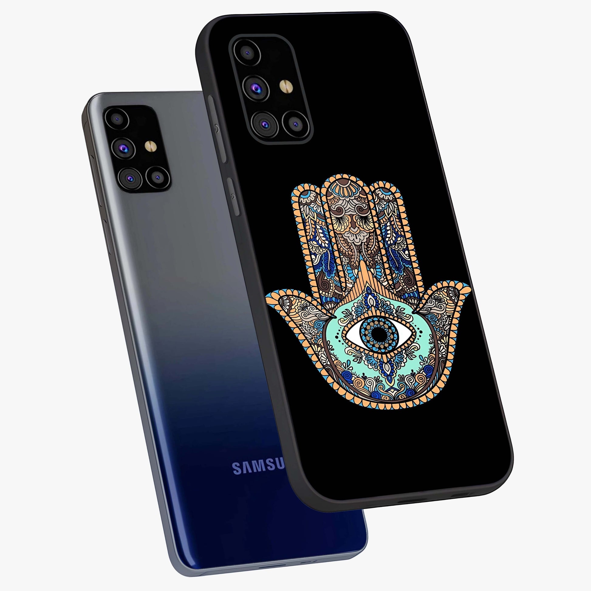 Mystic Hamsa Eye Glass Case displayed in angled mockup highlighting spiritual hamsa symbol with mystical aesthetic style.