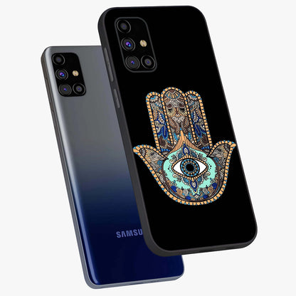 Mystic Hamsa Eye Glass Case displayed in angled mockup highlighting spiritual hamsa symbol with mystical aesthetic style.
