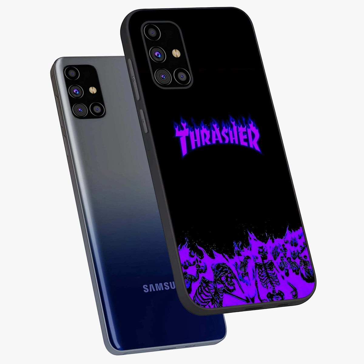 Neon Flame Riot Glass Case displayed in angled mockup highlighting glowing flame design with vibrant neon aesthetic.