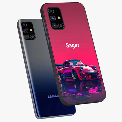 Neon Pink Porsche Glass Case displayed in angled mockup highlighting sleek neon pink car design with racing aesthetic.