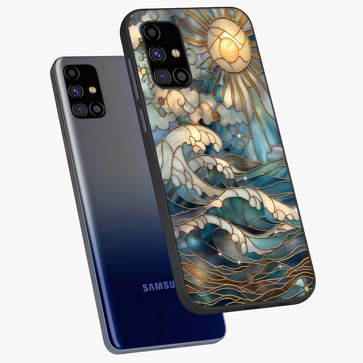 Oceanic Stained Printed Glass Case displayed in angled mockup highlighting colorful aquatic design with artistic aesthetic style.
