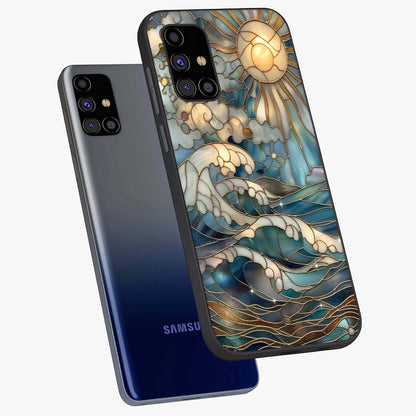 Oceanic Stained Printed Glass Case displayed in angled mockup highlighting colorful aquatic design with artistic aesthetic style.