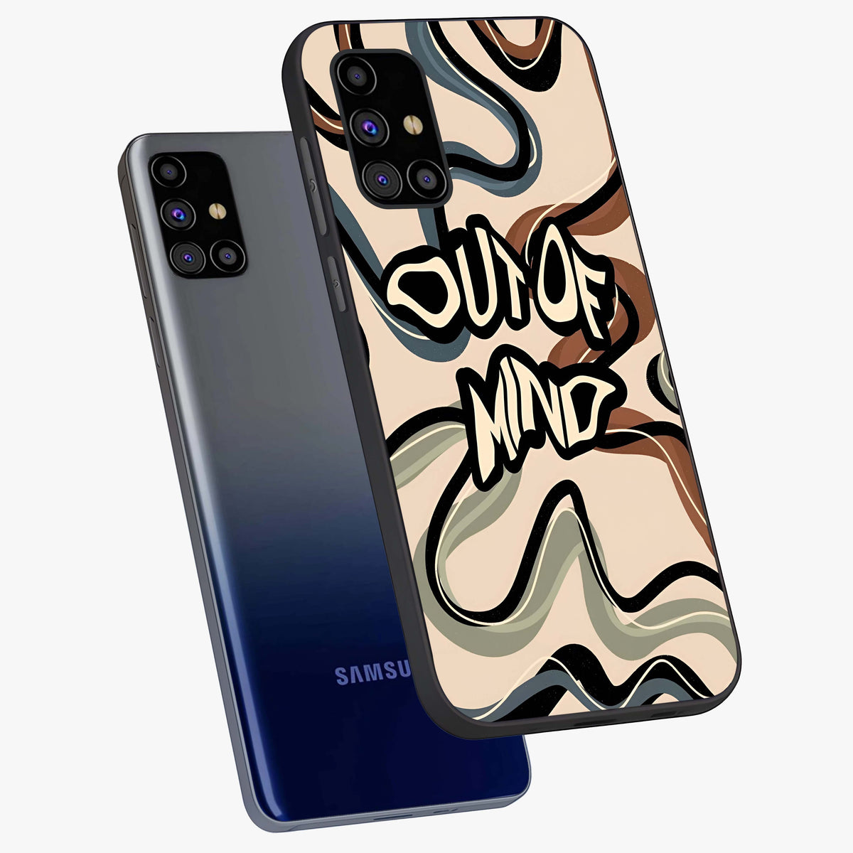 Out Of Mind Glass Case displayed in angled mockup highlighting bold statement design with modern artistic aesthetic.