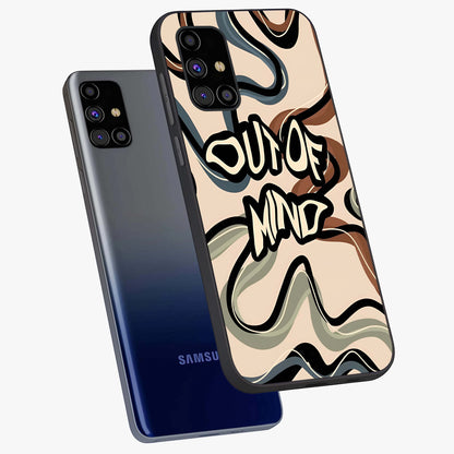 Out Of Mind Glass Case displayed in angled mockup highlighting bold statement design with modern artistic aesthetic.