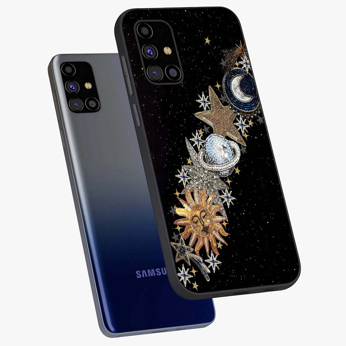 Pearls Universe Object Glass Case displayed in angled mockup highlighting celestial pearl design with dreamy aesthetic.