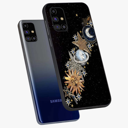 Pearls Universe Object Glass Case displayed in angled mockup highlighting celestial pearl design with dreamy aesthetic.