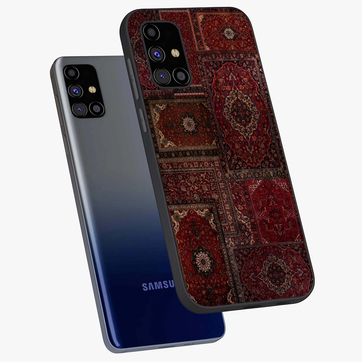 Persian Velvet Tale Glass Case displayed in angled mockup highlighting ornate textile inspired design with royal aesthetic.
