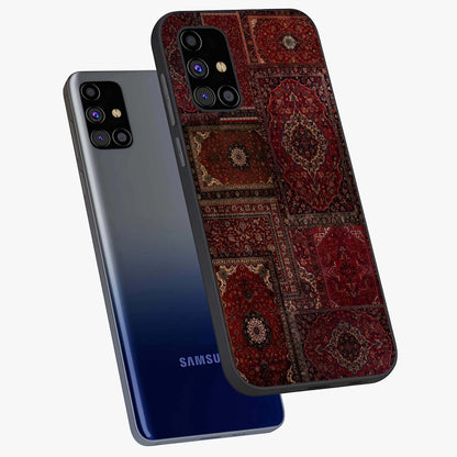 Persian Velvet Tale Glass Case displayed in angled mockup highlighting ornate textile inspired design with royal aesthetic.