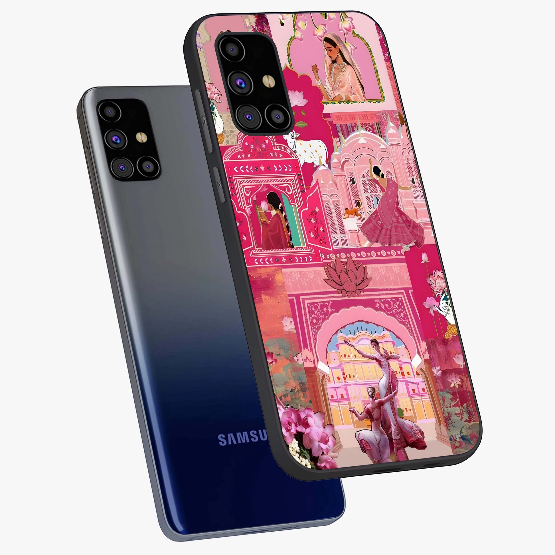 Pink Palace Muse Glass Case displayed in angled mockup highlighting dreamy palace illustration with soft pink aesthetic.