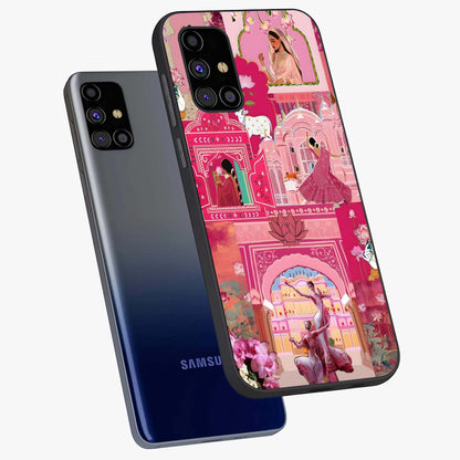 Pink Palace Muse Glass Case displayed in angled mockup highlighting dreamy palace illustration with soft pink aesthetic.