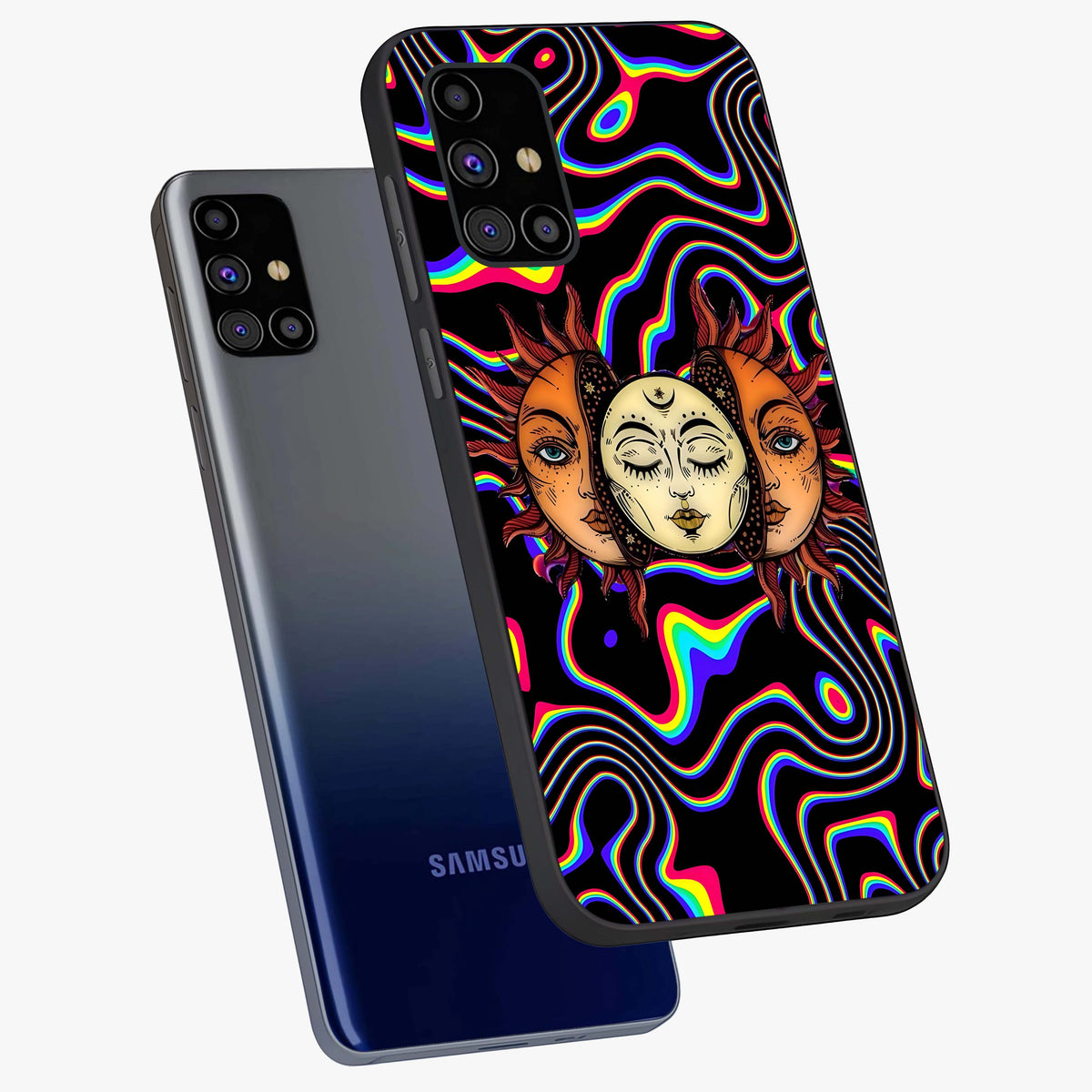 Psychedelic Sun Glass Case displayed in angled mockup highlighting vibrant abstract sun design with artistic aesthetic style.