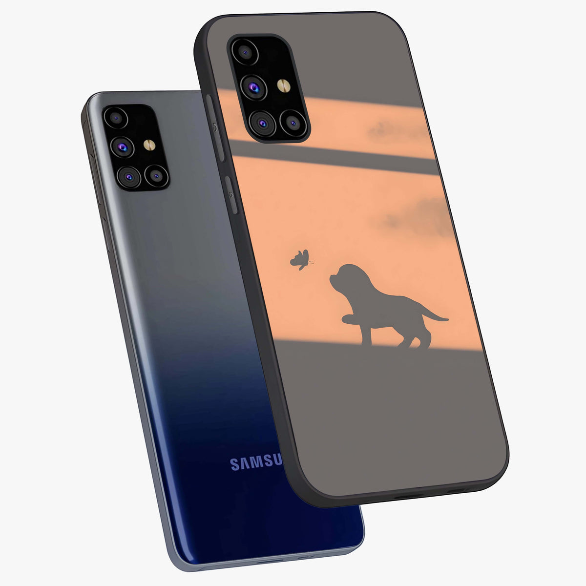 Puppy Shadow Art Glass Case displayed in angled mockup highlighting playful dog illustration with artistic shadow aesthetic.