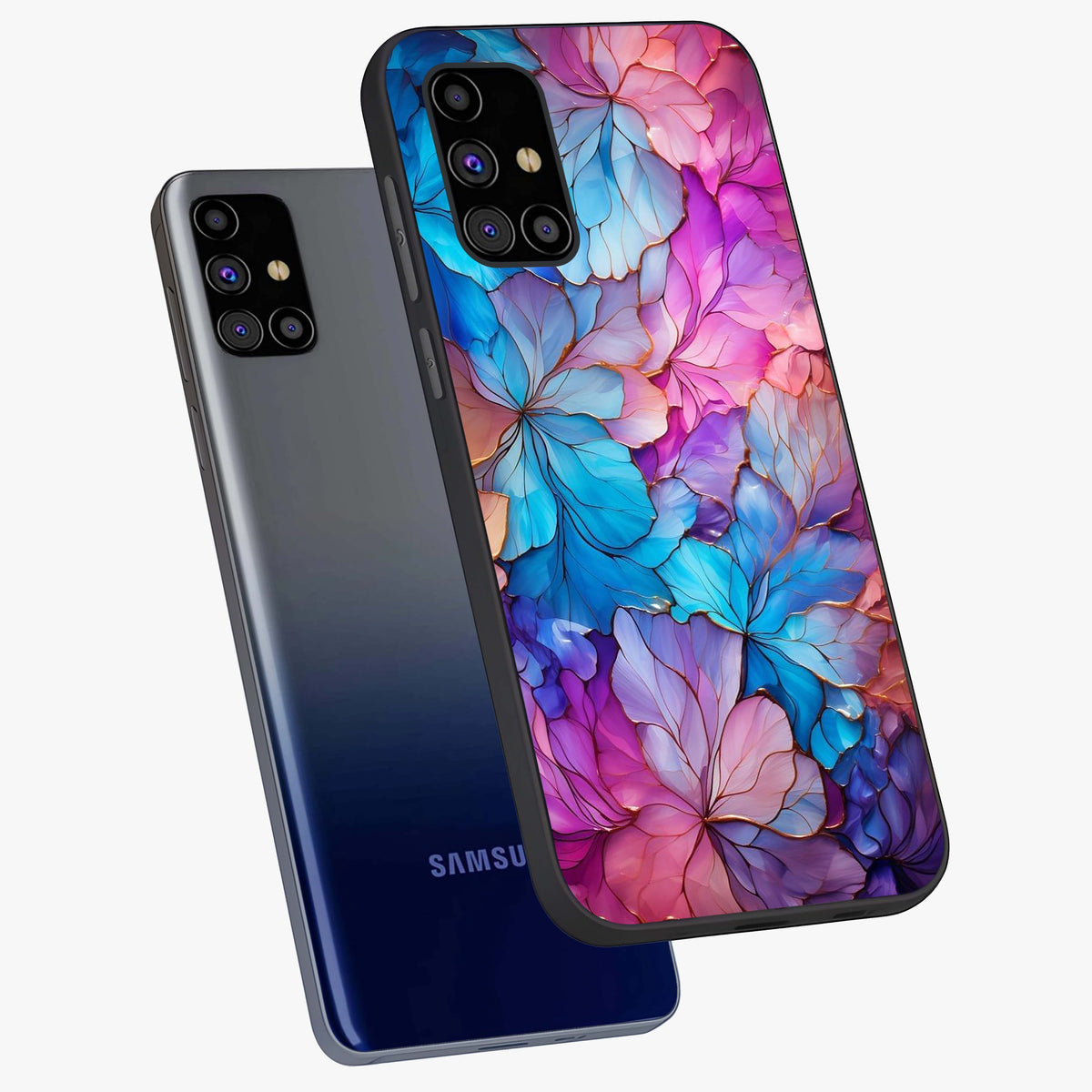 Radiant Floral Whirl Glass Case displayed in angled mockup highlighting vibrant flower pattern with dynamic artistic aesthetic.
