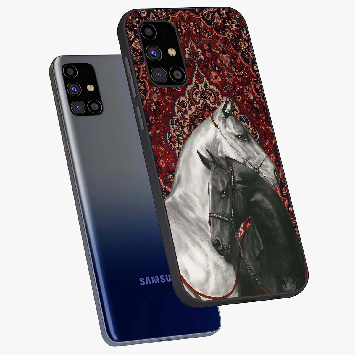 Regal Stallion Tapestry Glass Case displayed in angled mockup highlighting royal stallion design with decorative heritage aesthetic.