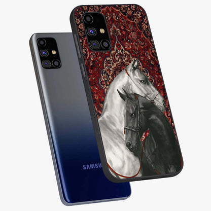 Regal Stallion Tapestry Glass Case displayed in angled mockup highlighting royal stallion design with decorative heritage aesthetic.