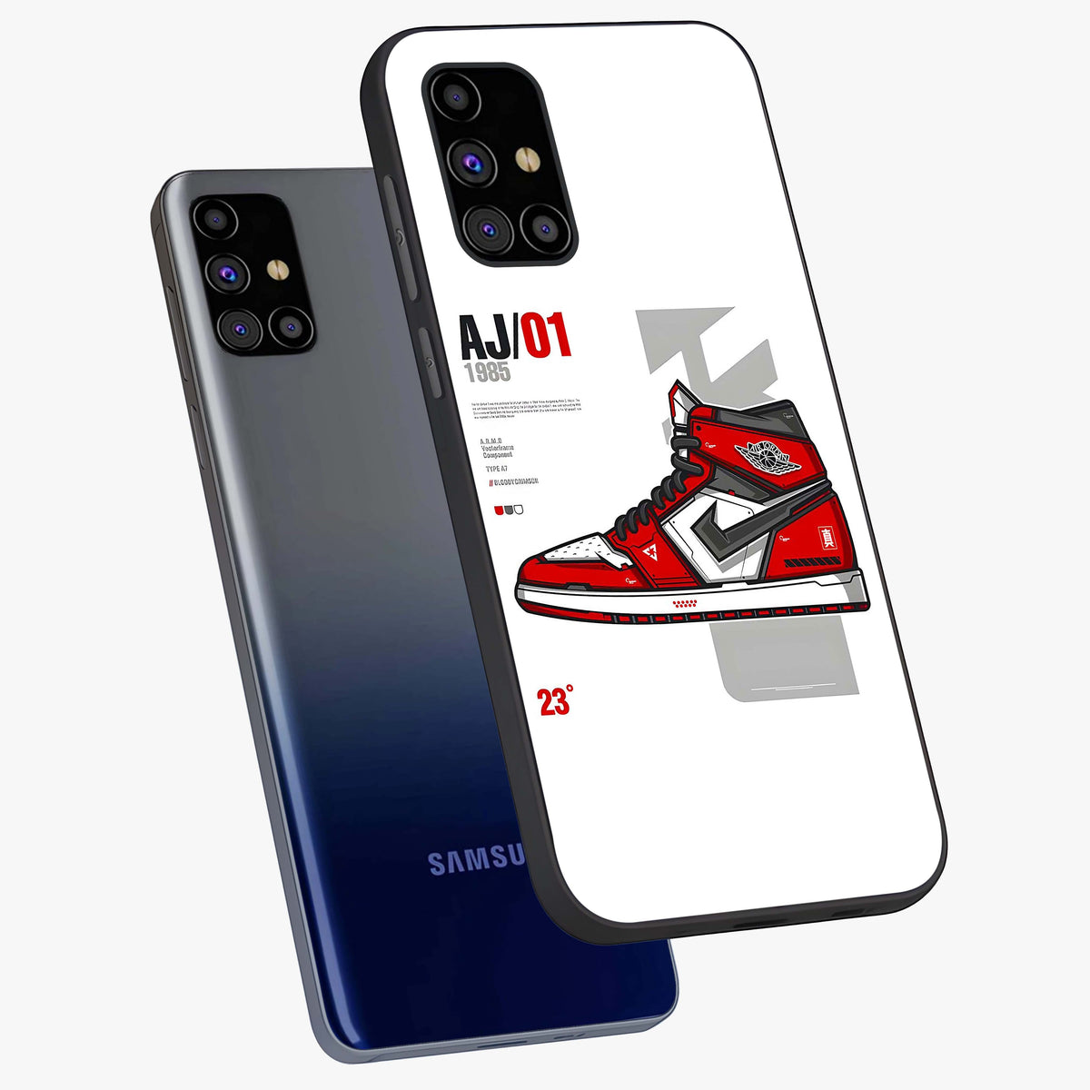 Retro Sneaker Blueprint Glass Case displayed in angled mockup highlighting detailed shoe design with sporty retro aesthetic.