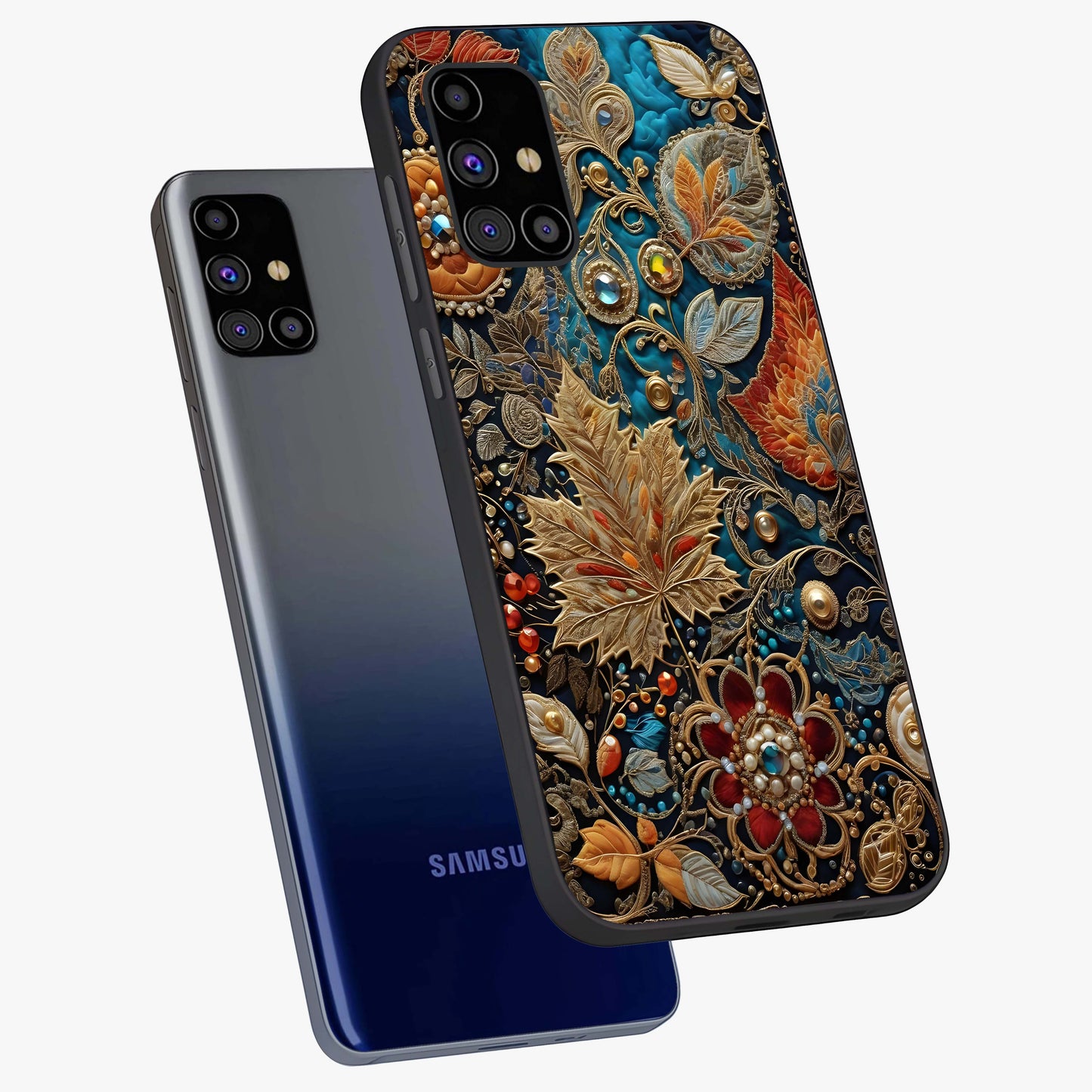 Royal Jewel Garden Glass Case displayed in angled mockup highlighting vibrant jewel inspired floral design with elegant aesthetic.