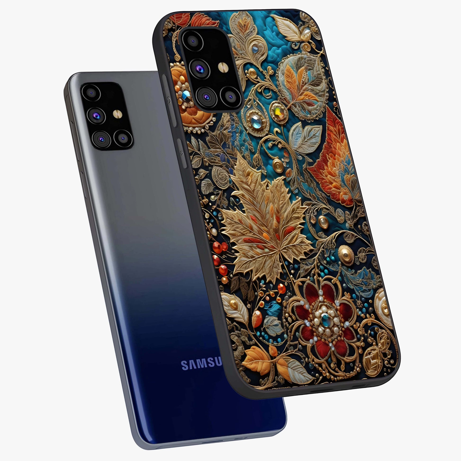 Royal Jewel Garden Glass Case displayed in angled mockup highlighting vibrant jewel inspired floral design with elegant aesthetic.
