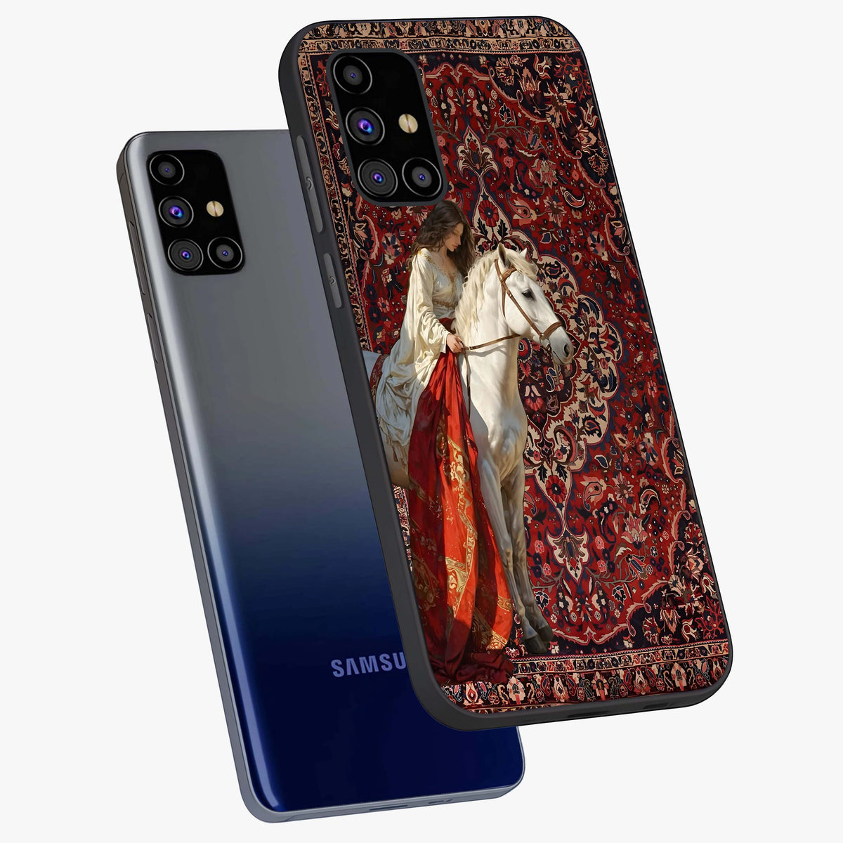 Royal Rider Tapestry Glass Case displayed in angled mockup highlighting traditional tapestry design with royal heritage aesthetic.