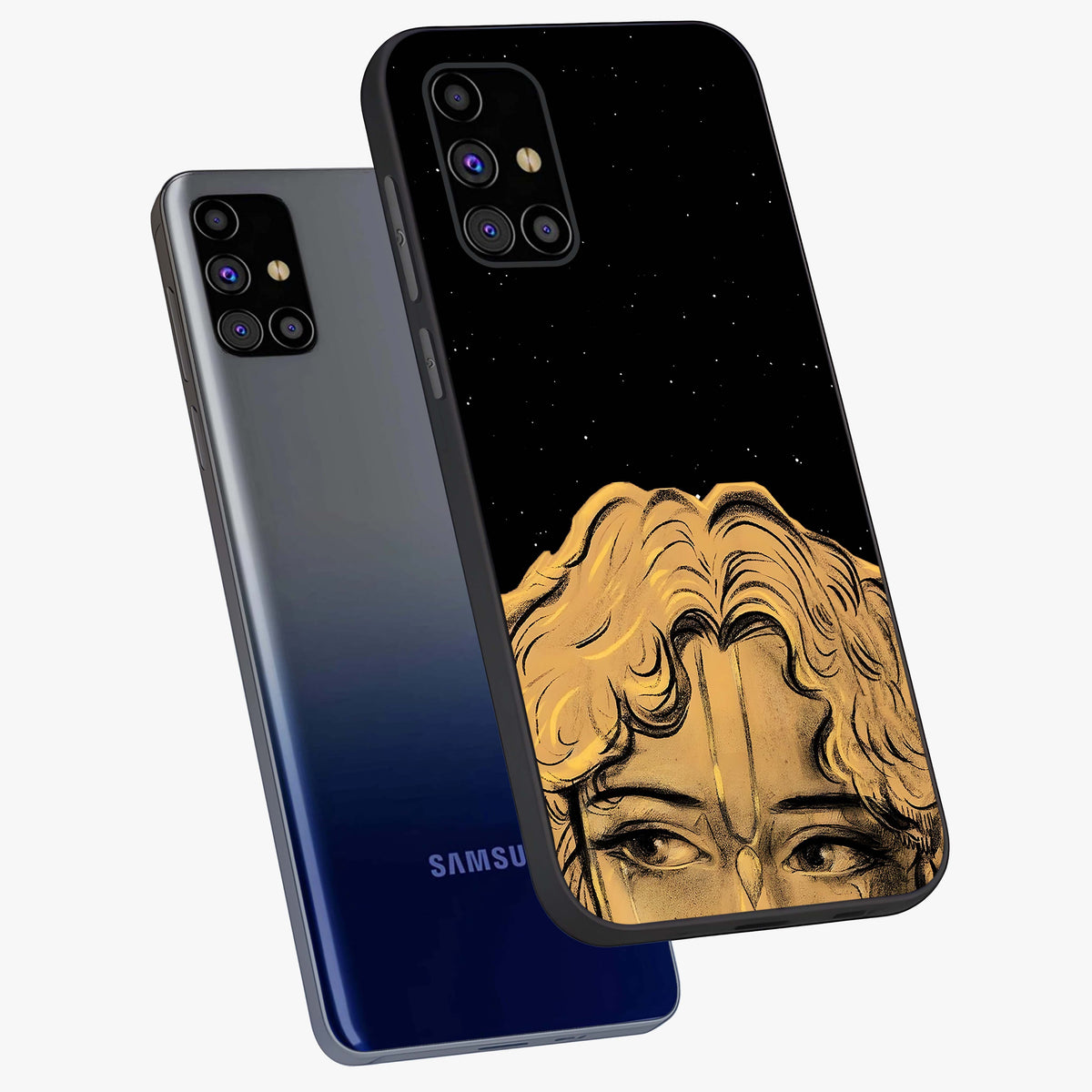 Shri Krishna Art Glass Case displayed in angled mockup highlighting spiritual Krishna illustration with divine aesthetic.