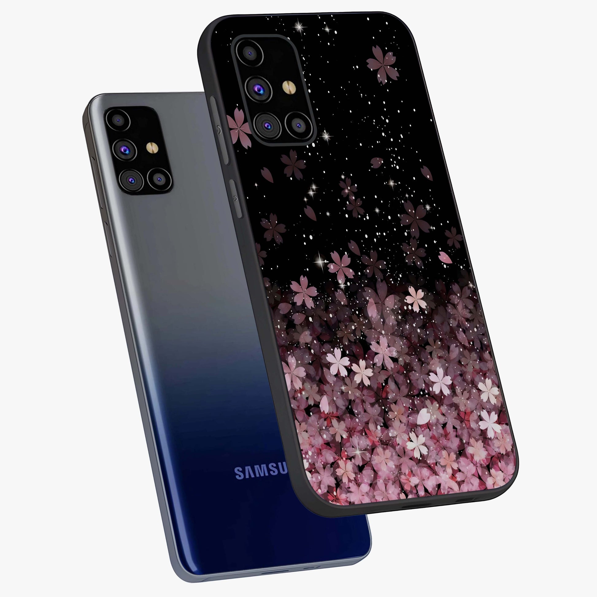 Small Starry Flowers Glass Case displayed in angled mockup highlighting tiny flower pattern with celestial aesthetic style.