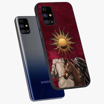 Solar Riders Glass Case displayed in angled mockup highlighting powerful rider illustration with radiant solar aesthetic.