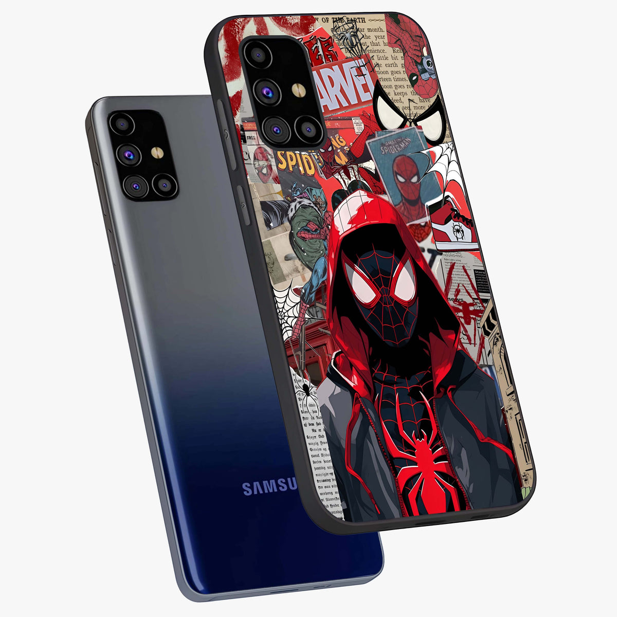 Spider Collage Street Glass Case displayed in angled mockup highlighting dynamic street style collage design with comic aesthetic.