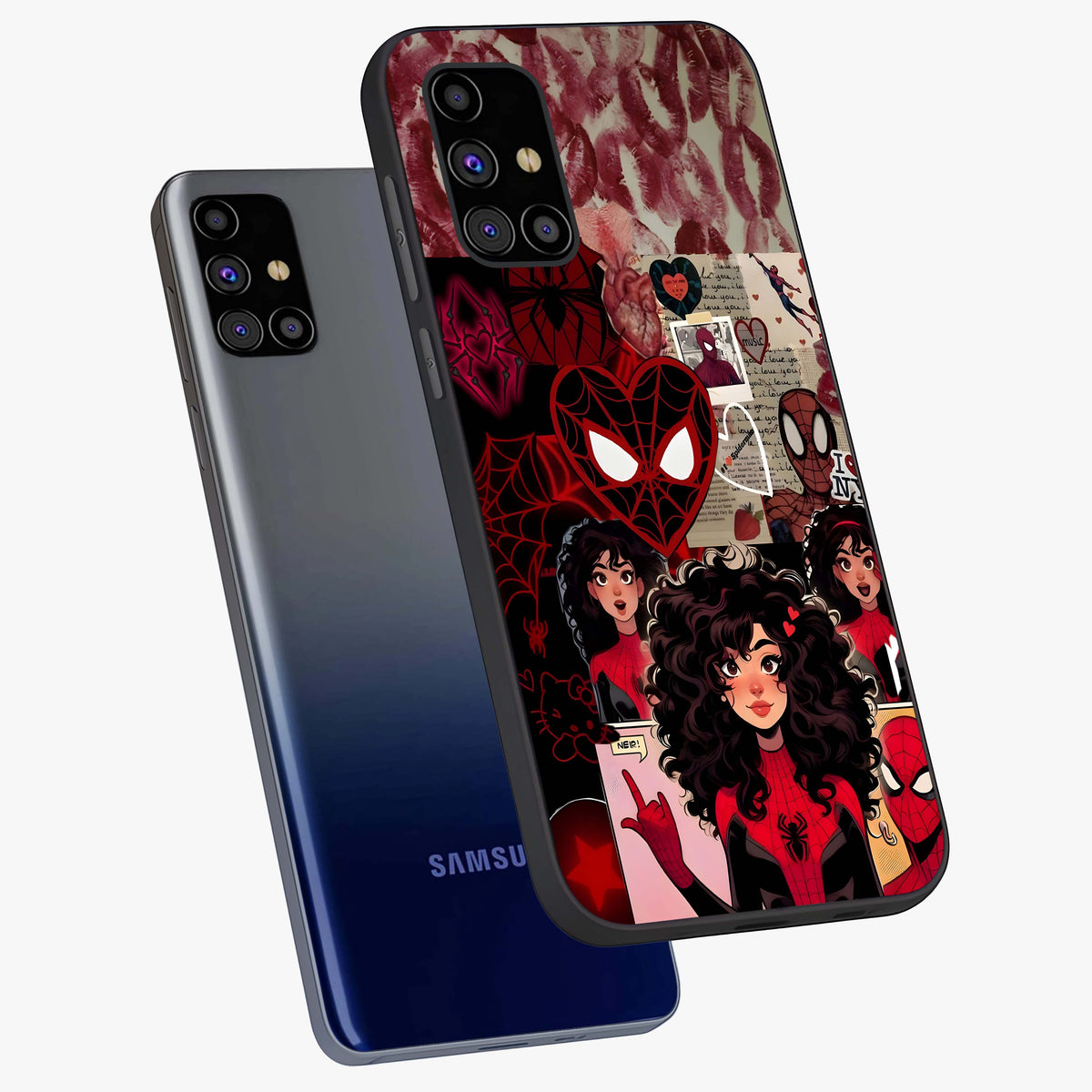 Spider Love Story Glass Case displayed in angled mockup highlighting expressive comic inspired design with playful aesthetic.