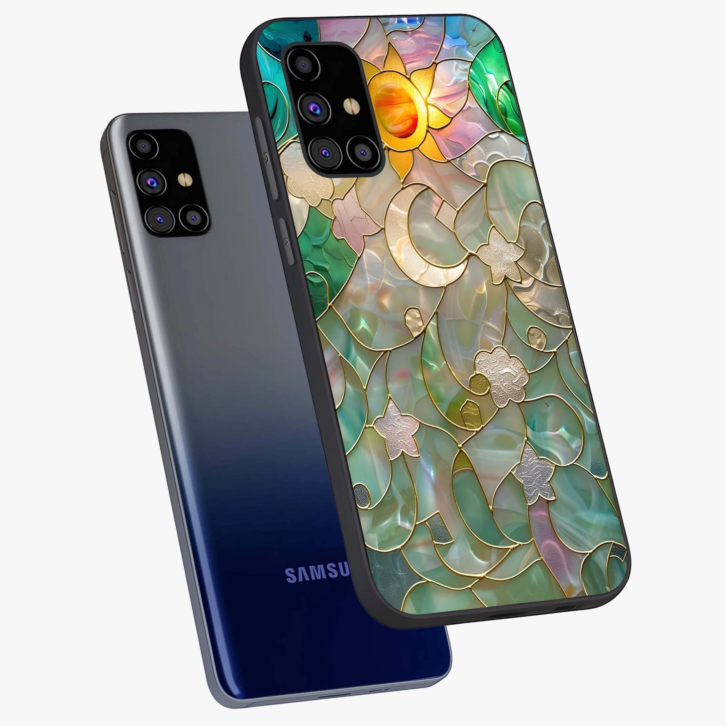 Stained Sunrise Glow Glass Case displayed in angled mockup highlighting radiant sunrise design with artistic aesthetic style.